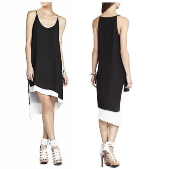 BCBG MaxAzria Gigi Asymmetrical Light Tank MIDI Dress Flowey Black White Sheath - Picture 1 of 13